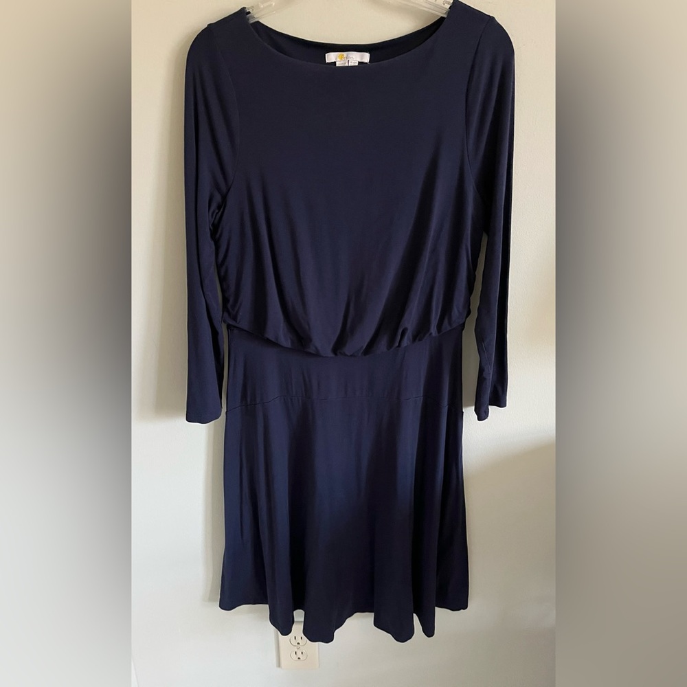 Boden knit navy blue dress with drop waist